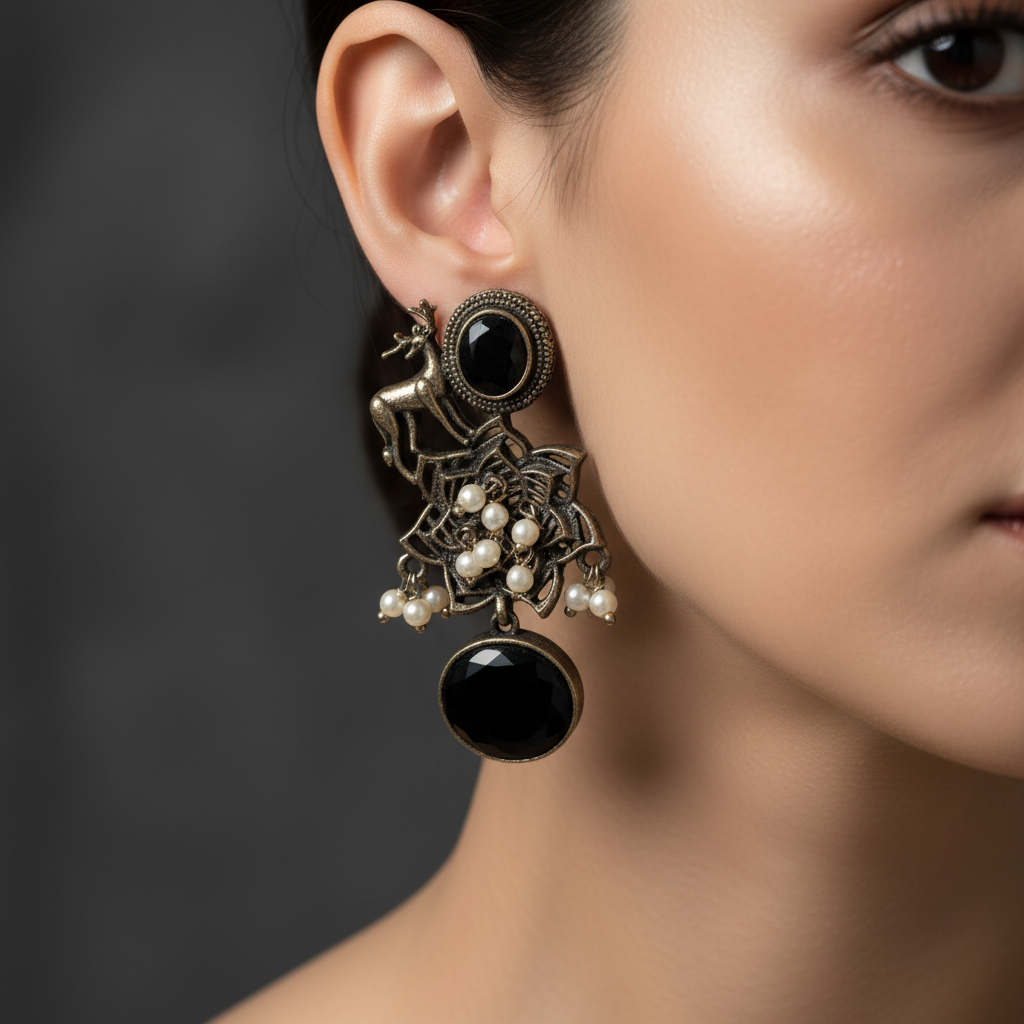 German Silver Deer Design Black Stone Earrings