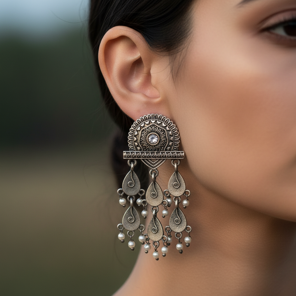 German Silver Tear Drop Pearl Dangle Earrings
