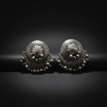 Antique German Silver Dome Stud Earrings with Ghungroo Drops