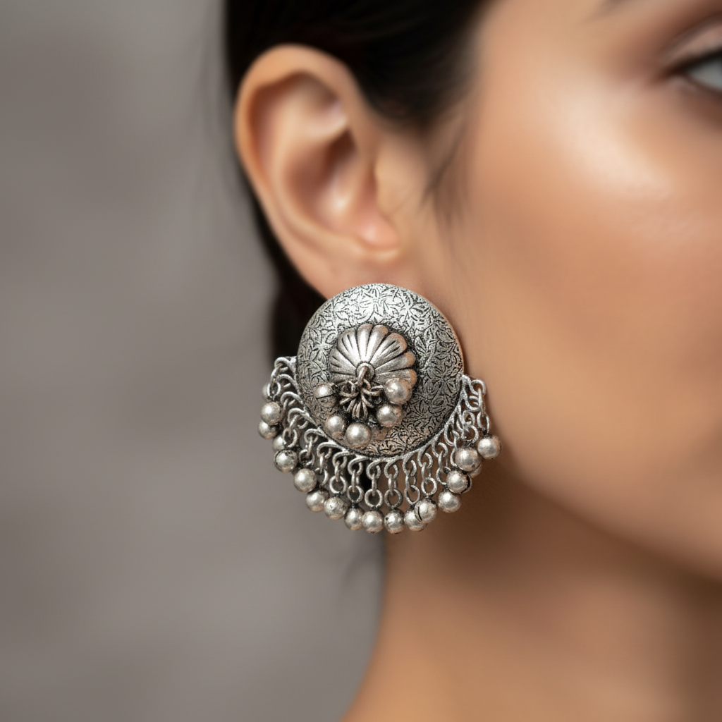 Antique German Silver Dome Stud Earrings with Ghungroo Drops