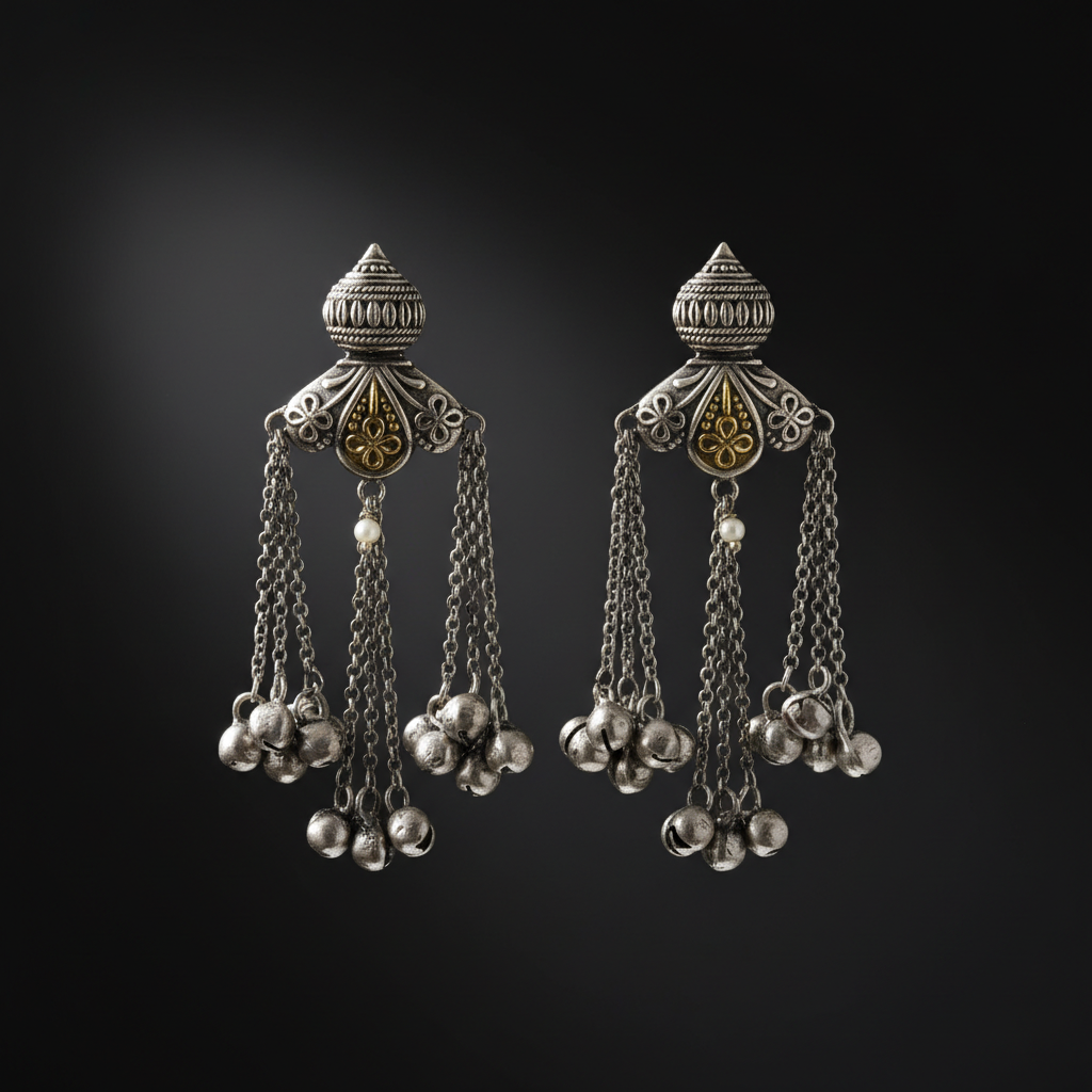 Antique German Silver Jhumka Chain Earrings with Ghungroo Drops