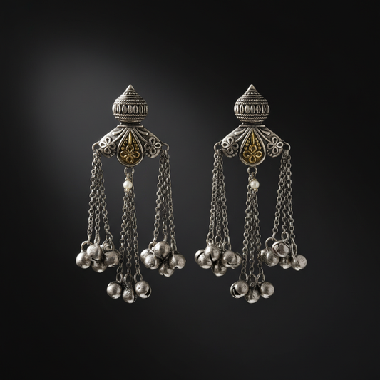 Antique German Silver Jhumka Chain Earrings with Ghungroo Drops