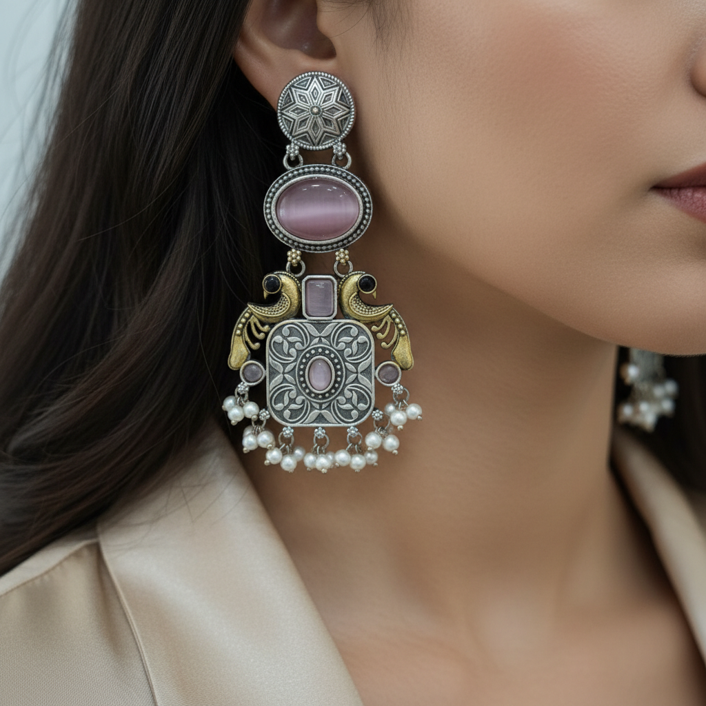 Pink Stone German Silver Pearl Drop Earrings