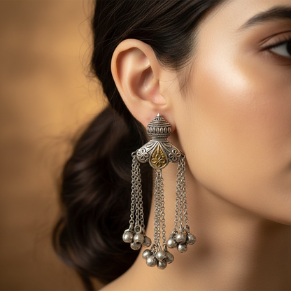 Antique German Silver Jhumka Chain Earrings with Ghungroo Drops