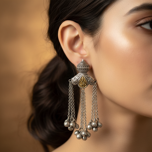 Antique German Silver Jhumka Chain Earrings with Ghungroo Drops