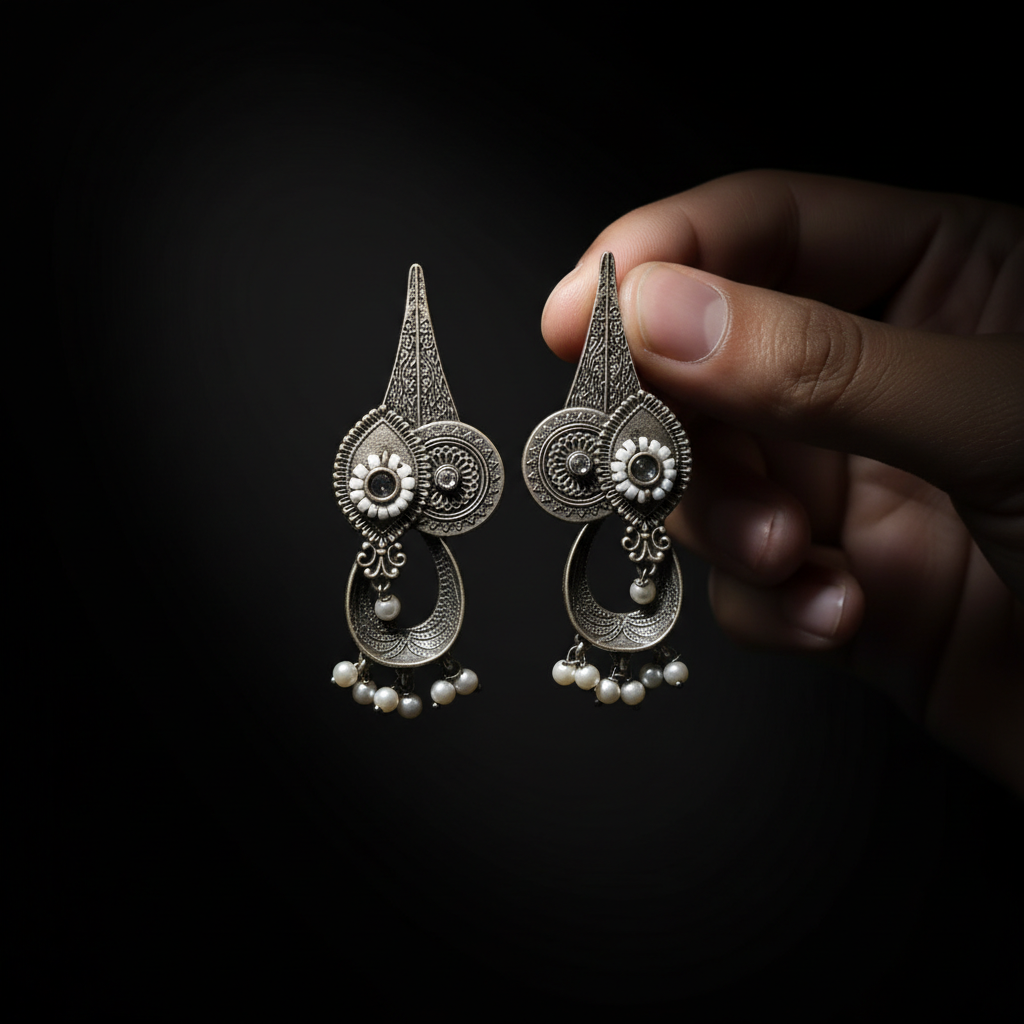 Antique German Silver Pearl Drop Earrings