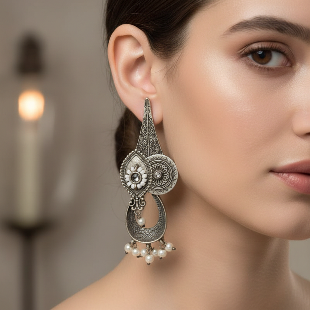 Antique German Silver Pearl Drop Earrings
