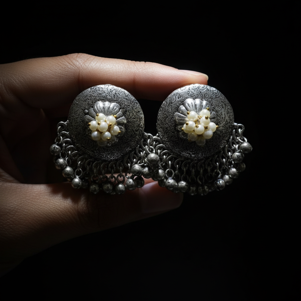 Antique German Silver Dome Stud Earrings with Ghungroo Drops