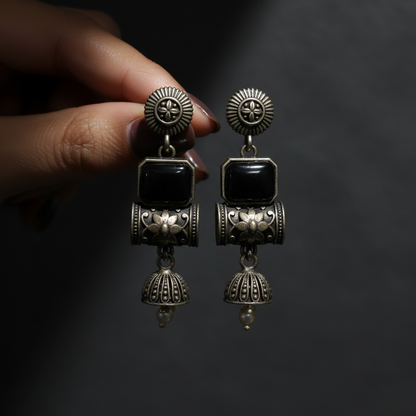 Antique German Silver Black Stone Jhumka Earrings