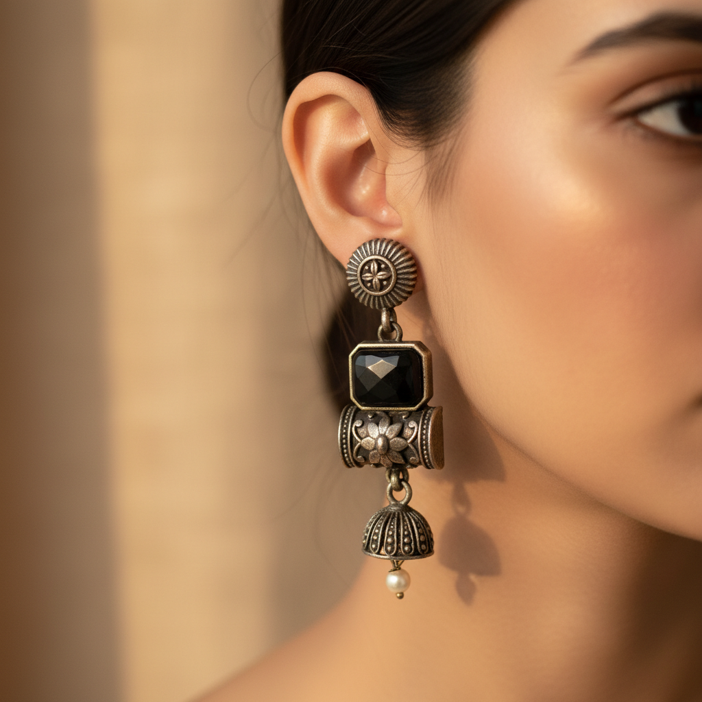 Antique German Silver Black Stone Jhumka Earrings