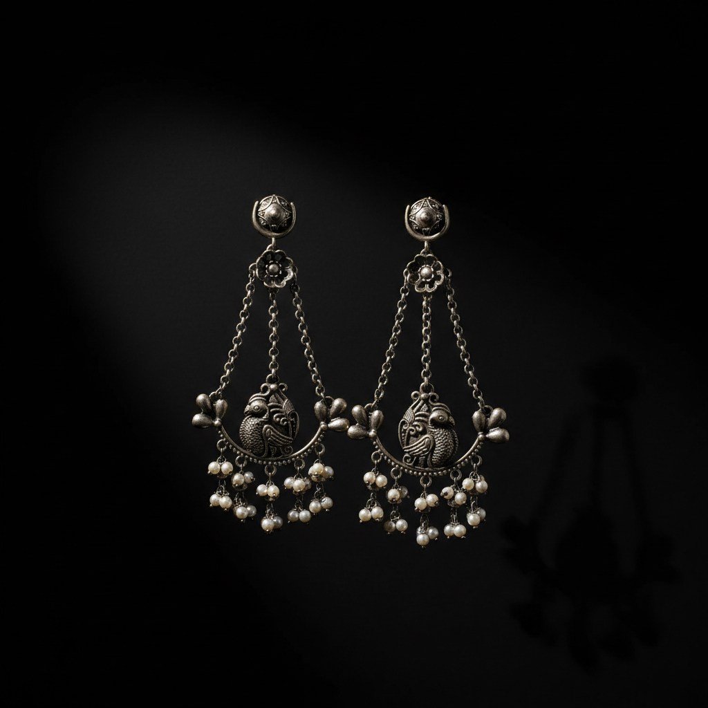Antique German Silver Bird Pearl Chain Earrings