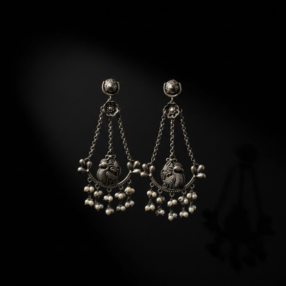 Antique German Silver Bird Pearl Chain Earrings