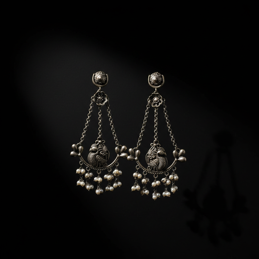 Antique German Silver Bird Pearl Chain Earrings