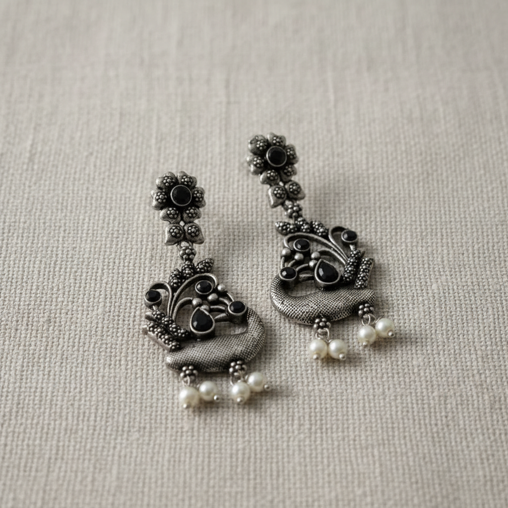 Black Stone German Silver Pearl Drop Earrings