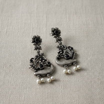 Black Stone German Silver Pearl Drop Earrings