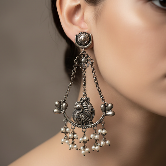 Antique German Silver Bird Pearl Chain Earrings