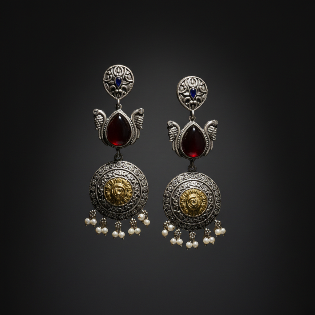 Antique German Silver Red Stone Pearl Drop Earrings
