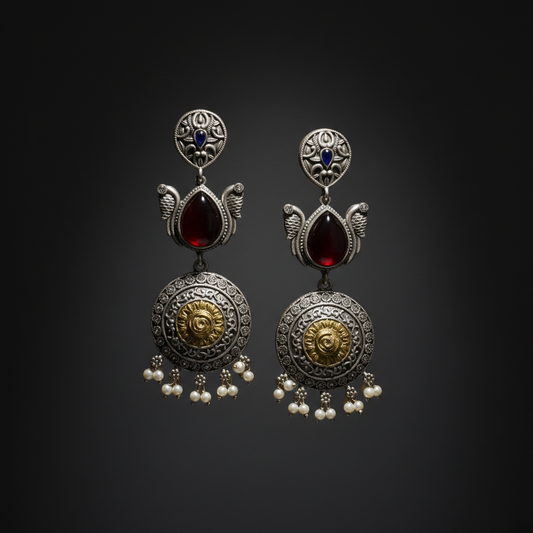 Antique German Silver Red Stone Pearl Drop Earrings