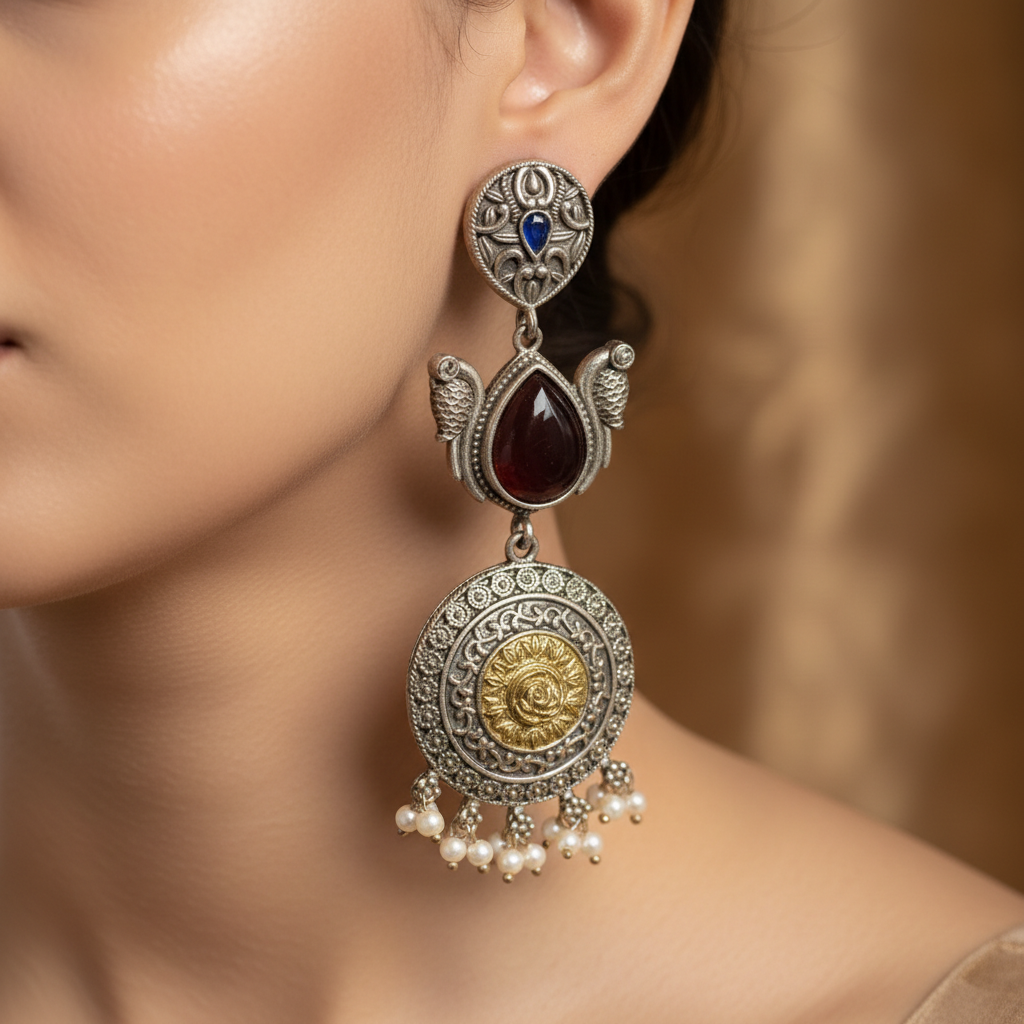 Antique German Silver Red Stone Pearl Drop Earrings