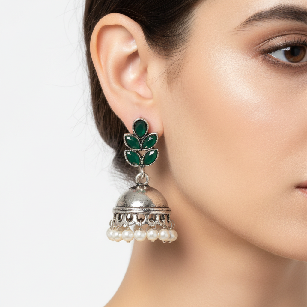Green Stone Jhumka Earrings
