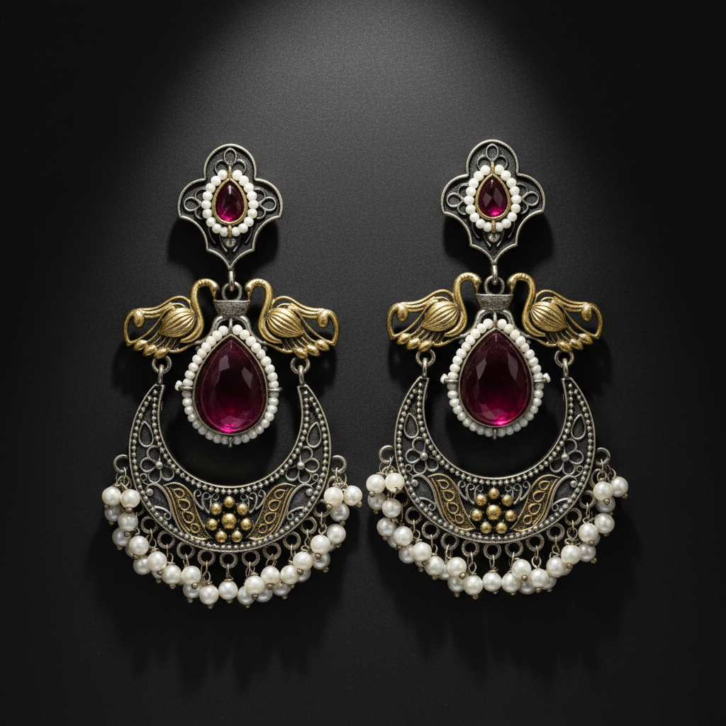 Antique German Silver Ruby Stone Chandbali Earrings with Pearl Drops
