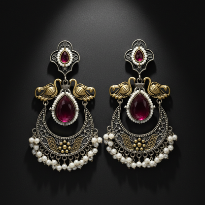 Antique German Silver Ruby Stone Chandbali Earrings with Pearl Drops