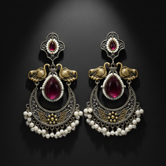 Antique German Silver Ruby Stone Chandbali Earrings with Pearl Drops