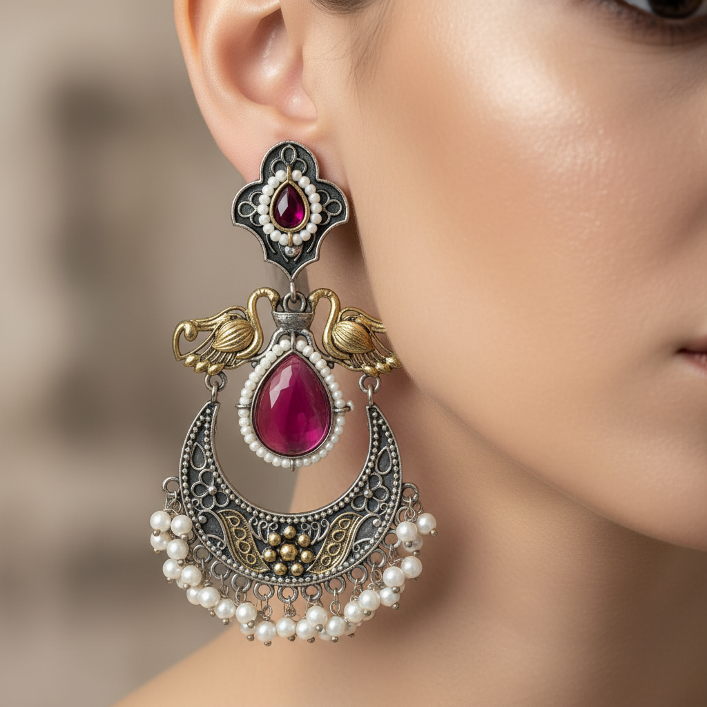 Antique German Silver Ruby Stone Chandbali Earrings with Pearl Drops