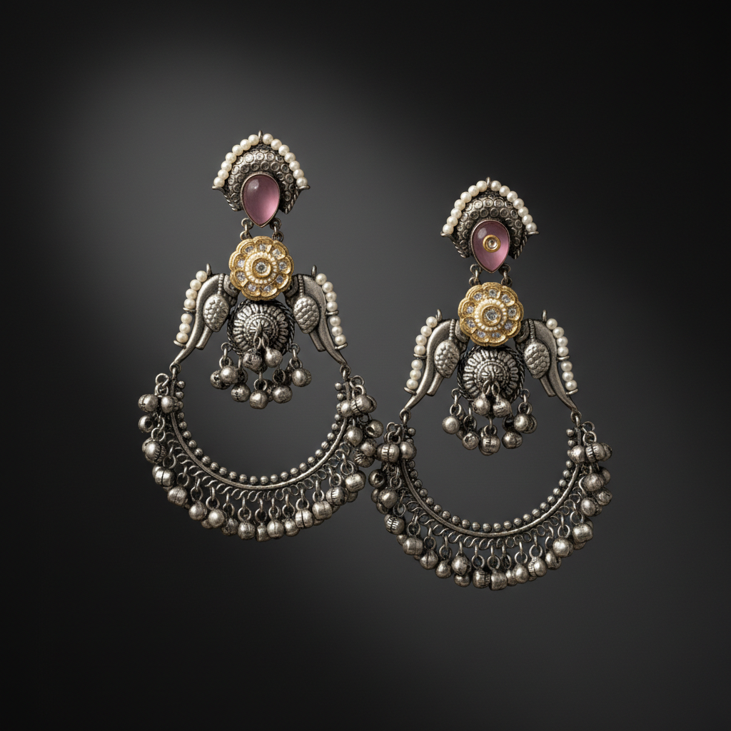 Antique German Silver Chandbali Earrings with Pink Stone & Ghungroo Drops
