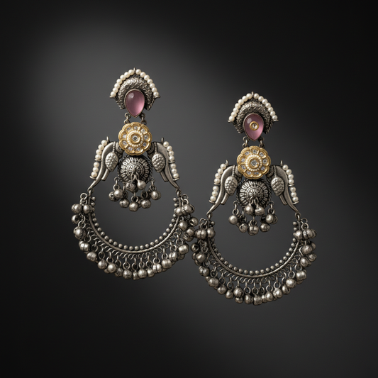 Antique German Silver Chandbali Earrings with Pink Stone & Ghungroo Drops
