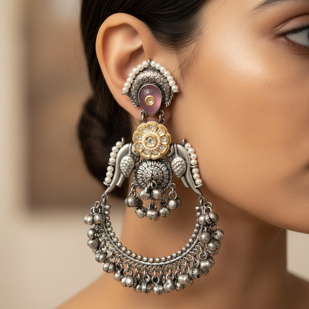 Antique German Silver Chandbali Earrings with Pink Stone & Ghungroo Drops