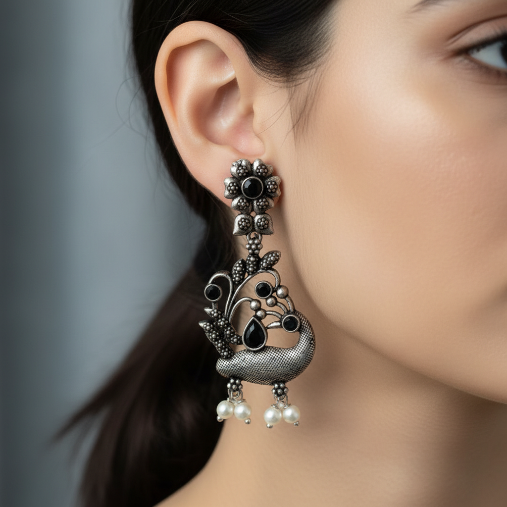 Black Stone German Silver Pearl Drop Earrings