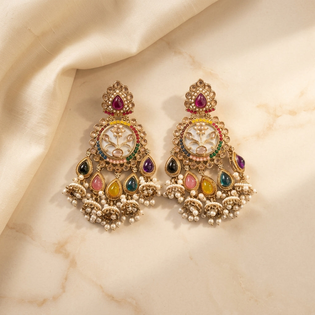 Royal Multicolor Meenakari Pearl Chandbali Earrings for Women | Lady Zone