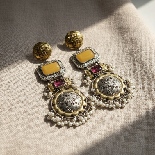 Yellow Stone German Silver Pearl Drop Earrings