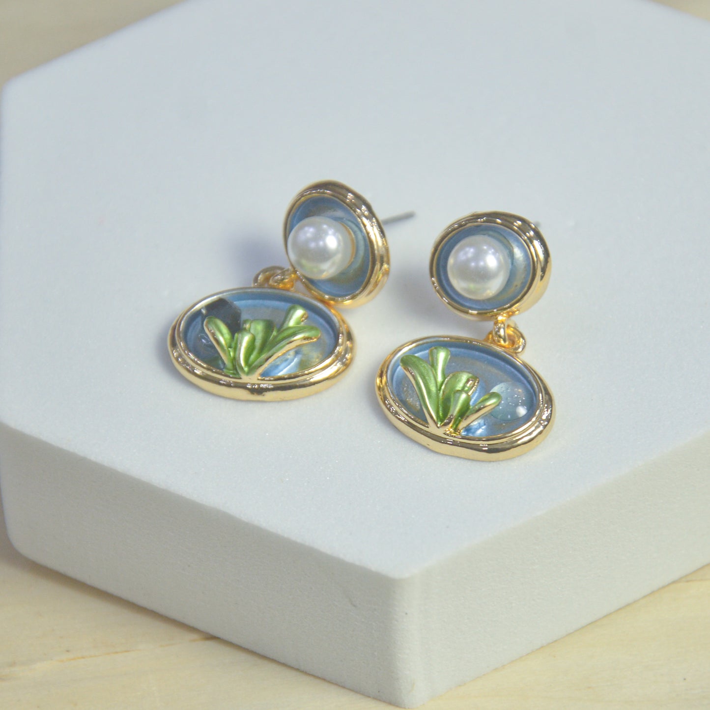 Ocean Bloom Enamel Drop Gold Earrings