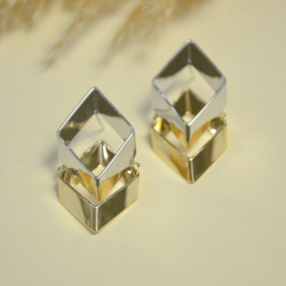 Dual Cube Modern Statement Gold Silver Earrings