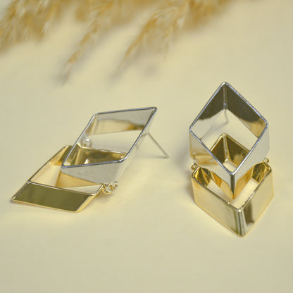 Dual Cube Modern Statement Gold Silver Earrings