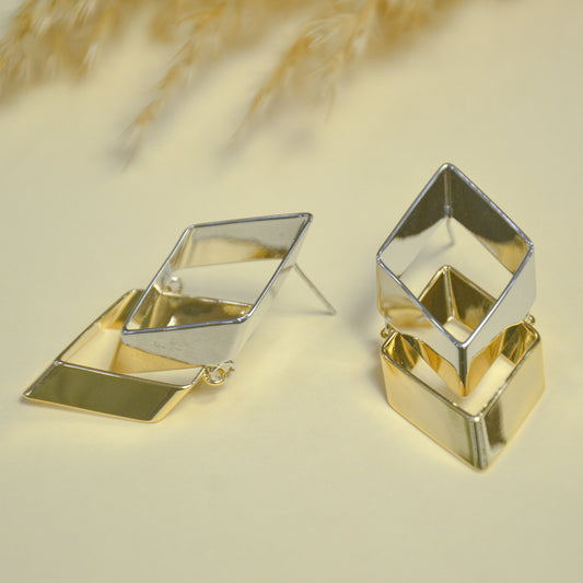Dual Cube Modern Statement Gold Silver Earrings