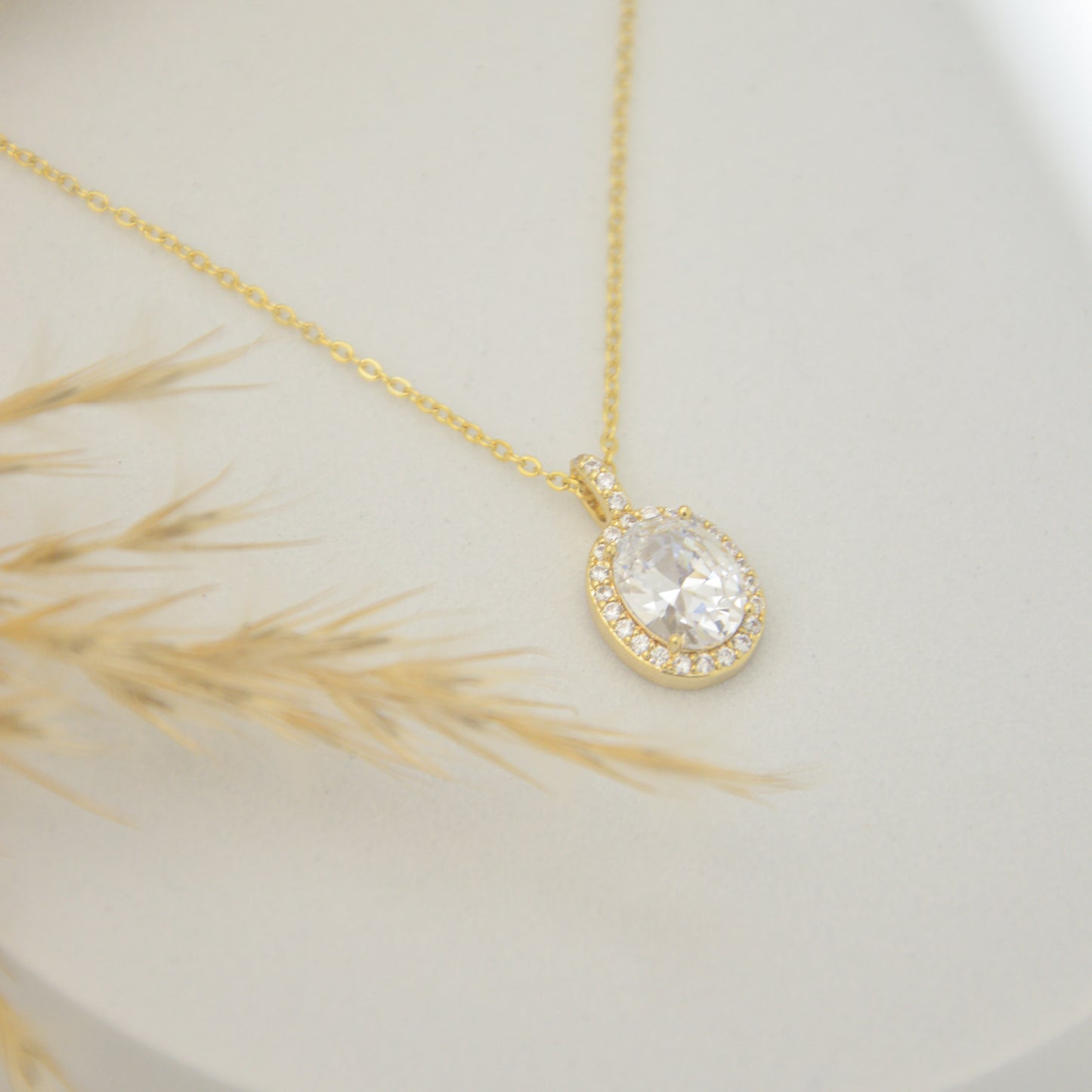 Gold Plated Oval Crystal Halo Pendant Necklace