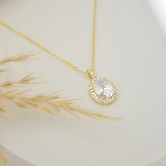 Gold Plated Oval Crystal Halo Pendant Necklace