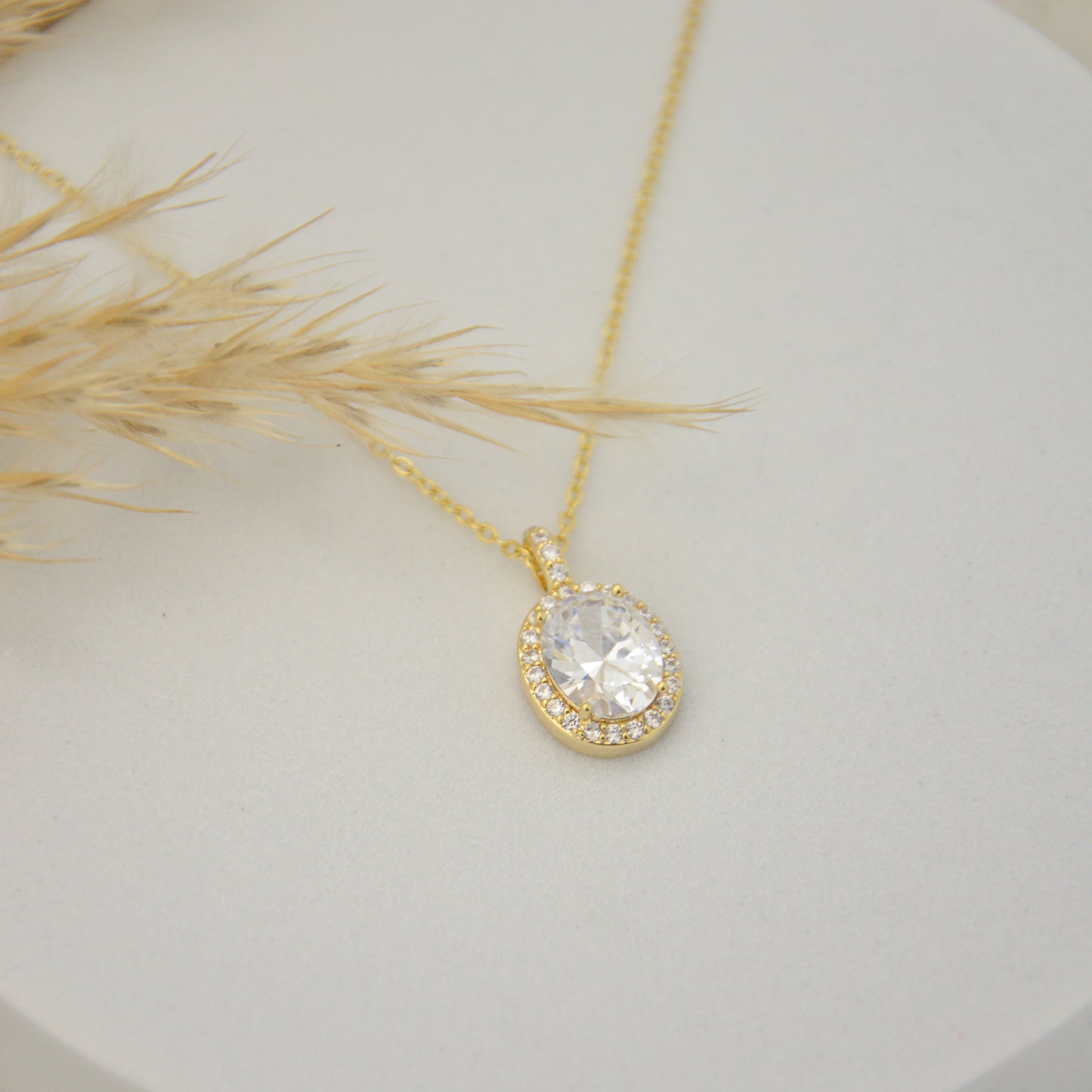 Gold Plated Oval Crystal Halo Pendant Necklace