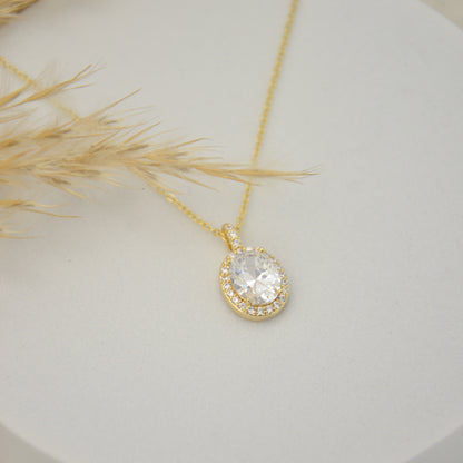 Gold Plated Oval Crystal Halo Pendant Necklace