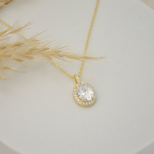 Gold Plated Oval Crystal Halo Pendant Necklace