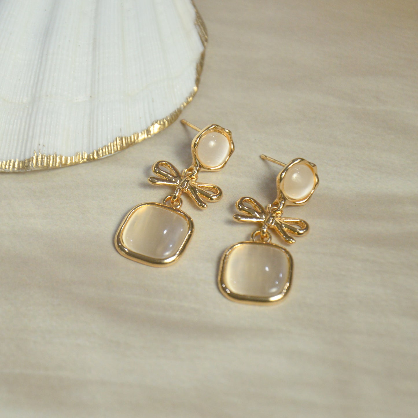 Moonlight Bow Drop Gold Earrings