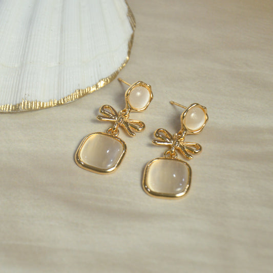 Moonlight Bow Drop Gold Earrings