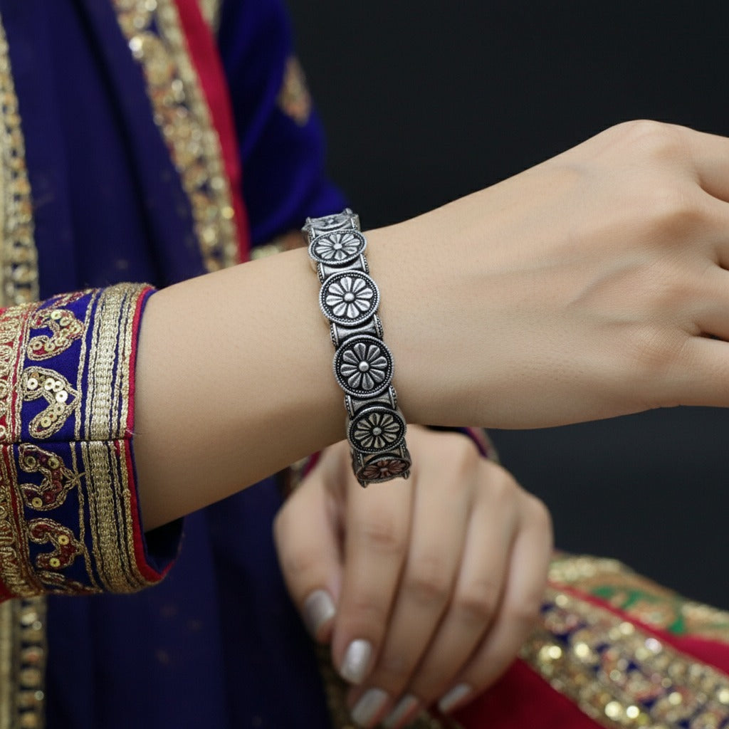 2PC German Silver Round Floral Kada Bangles for Women