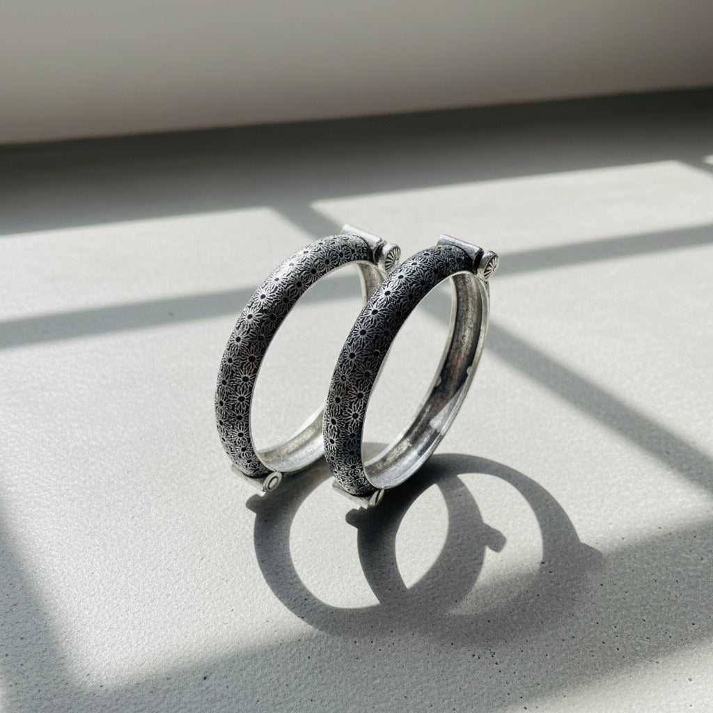 2PC German Silver Engraved Kada Bangles for Women