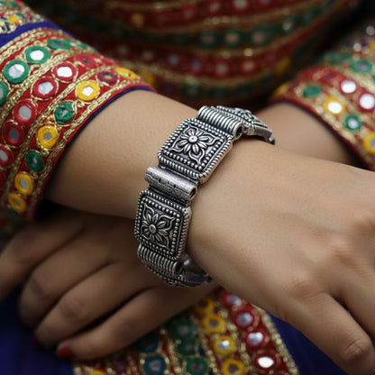 2PC German Silver Square Floral Kada Bangles for Women