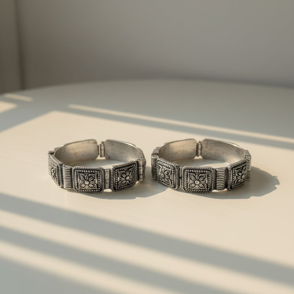 2PC German Silver Square Floral Kada Bangles for Women