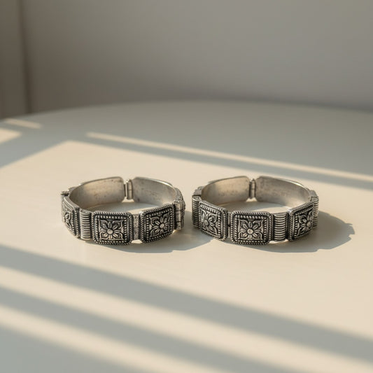 2PC German Silver Square Floral Kada Bangles for Women